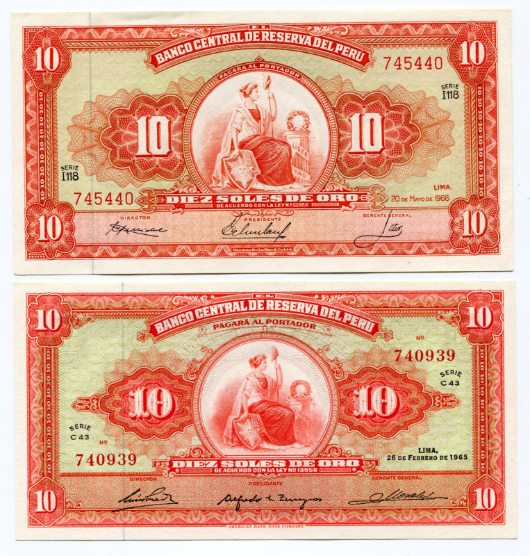 Peru 2 x 10 Soles 1965 - 1966
P# 84a; P# 88; UNC