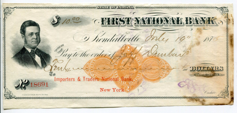 United States Indiana Check 10 Dollars 1875
# 18691; First National Bank; With ...