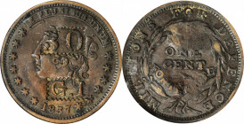 Hard Times Tokens

1837 Liberty - Not One Cent. HT-48, Low-33, W-11-140a. Rarity-1. Copper. Plain Edge. Net VG-8 (ANACS). VF Details--Countermarked....