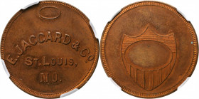 Merchant Tokens

Missouri--St. Louis. Undated (1860) E. Jaccard & Co. Miller-Mo 9. Copper. Plain Edge. Shield Blank. MS-64 RB (NGC).

27 mm.

Fr...