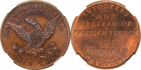 Merchant Tokens

New York--New York. Undated (1850s) Malcolm & Gaul. Miller-NY 515. Copper. Plain Edge. MS-66 RB (NGC).

29 mm.

From the Robert...