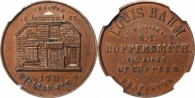 Merchant Tokens

New York--New York. Undated (1858) Louis Rahm. Miller-NY 652. Copper. Plain Edge. MS-64 BN (NGC).

26 mm.

From the Robert Adam...