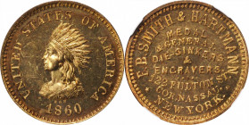 Merchant Tokens

New York--New York. 1860 F.B. Smith & Hartmann. Miller-NY 818. Gilt Brass. Reeded Edge. MS-64 PL (NGC).

29 mm.

From the Rober...