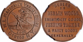 Merchant Tokens

New York--Oswego. 1860 M.L. Marshall. Miller-NY 1008. Copper. Plain Edge. MS-64 BN (NGC).

29 mm.

From the Robert Adam Collect...