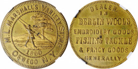 Merchant Tokens

New York--Oswego. 1860 M.L. Marshall. Miller-NY 1009. Brass. Plain Edge. MS-62 (NGC).

29 mm.

From the Robert Adam Collection ...