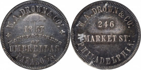 Merchant Tokens

Pennsylvania--Philadelphia. 1857 W.A. Drown & Co. Miller-Pa 135A. Silvered White Metal. Plain Edge. MS-62 (NGC).

29 mm. Unlisted...