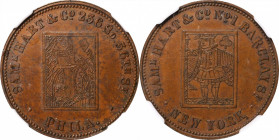 Merchant Tokens

Pennsylvania--Philadelphia. Undated (1854-1857) Saml. Hart & Co. Miller-Pa 197A. Copper. Reeded Edge. MS-63 BN (NGC).

29 mm.

...