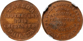 Merchant Tokens

Pennsylvania--Philadelphia. Undated (1862-1866) A.B. Taylor. Miller-Pa 512. Copper. Plain Edge. MS-64 BN (NGC).

20 mm.

From t...