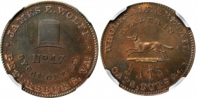 Merchant Tokens

Virginia--Petersburg. Undated (1850s) James E. Wolff. Miller-Va 18. Copper. Plain Edge. MS-65 BN (NGC).

26 mm.

From the Rober...