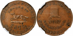 Merchant Tokens

Virginia--Petersburg. Undated (1850s) James E. Wolff. Miller-Va 18. Copper. Plain Edge. MS-62 BN (NGC).

26 mm.

From the Rober...