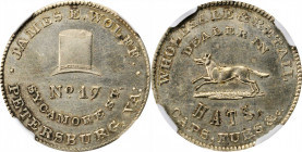 Merchant Tokens

Virginia--Petersburg. Undated (1850s) James E. Wolff. Miller-Va 22. German Silver. Plain Edge. Unc Details--Cleaned (NGC).

26 mm...