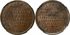 Trade Tokens and Store Cards

California--San Francisco. Undated (1876-1877) N.J. Hyman. Rulau Ca-SF 42. Copper. Reeded Edge. MS-63 (NGC).

32 mm....