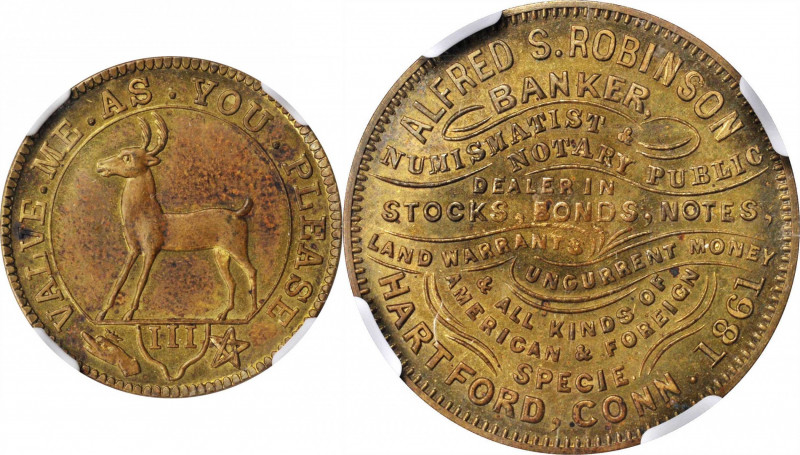 Trade Tokens and Store Cards

Connecticut--Hartford. 1861 Alfred S. Robinson. ...