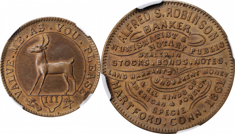 Trade Tokens and Store Cards

Connecticut--Hartford. 1861 Alfred S. Robinson. ...