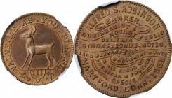 Trade Tokens and Store Cards

Connecticut--Hartford. 1861 Alfred S. Robinson. Rulau Ct-Ha 16, Kenney-1, W-15015. Copper-Nickel. Plain Edge. MS-63 (N...
