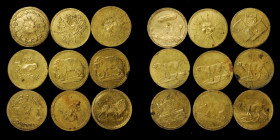 Counters and Gaming Tokens

Lot of (9) Gaming Counters. Brass.

19 mm. All are different and embellished with images of hot air and gas balloons, ...