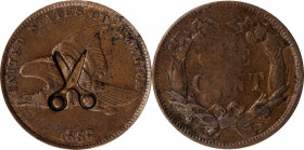 Counterstamps

(open scissors) on an 1858 Small Letters Flying Eagle cent. Brunk ETC-30. Host coin Extremely Fine.

From the Robert Adam Collectio...