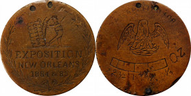 Fairs and Expositions

1884-85 New Orleans Exposition Medal. Copper. Very Fine.

26 mm. Obv: Wreathed image of a man hauling bales of cotton on a ...
