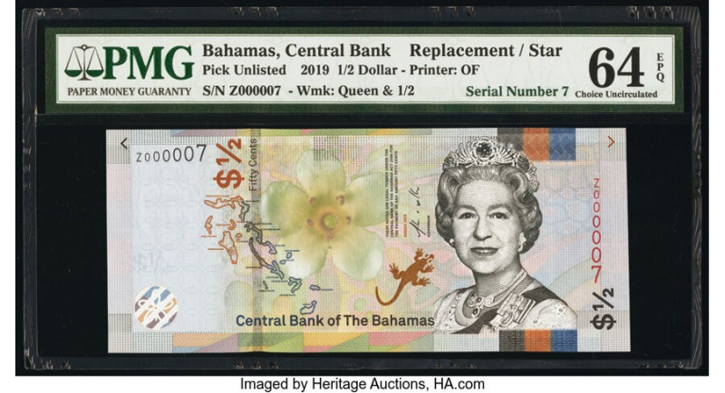 Low Serial Number 7 Bahamas Central Bank 1/2 Dollar 2019 Pick UNL PMG Choice Unc...