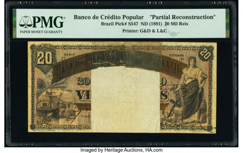 Brazil Banco de Credito Popular 20 Mil Reis ND (1891) Pick S547 Partial reconstr...