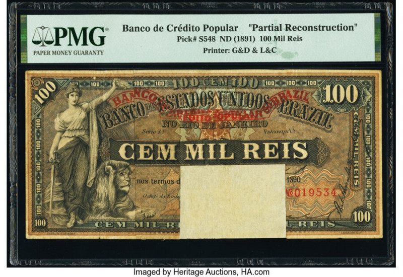Brazil Banco de Credito Popular 100 Mil Reis ND (1891) Pick S548 Partial Reconst...