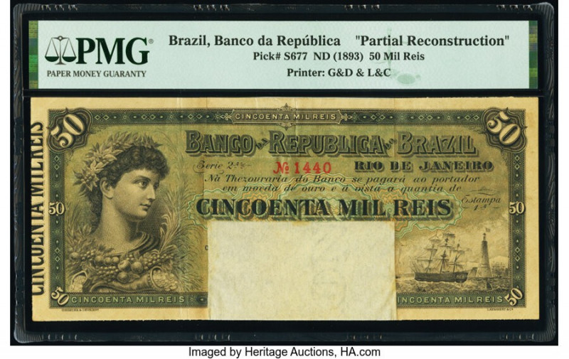 Brazil Banco da Republica 50 Mil Reis ND (1893) Pick S677 Partial Reconstruction...
