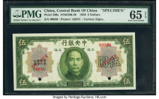 China Central Bank of China, Shanghai- 5 Dollars 1930 Pick 200s S/M#C300-50 Specimen PMG Gem Uncirculated 65 EPQ. Red Specimen overprints and two POCs...