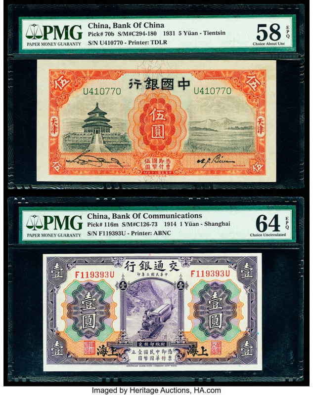 China Bank of China, Tientsin- 5 Yuan 1931 Pick 70b S/M#C294-180 PMG Choice Abou...