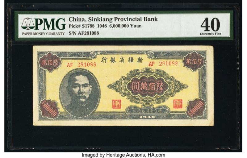 China Sinkaing Provincial Bank 6,000,000 Yuan 1948 Pick S1788 PMG Extremely Fine...