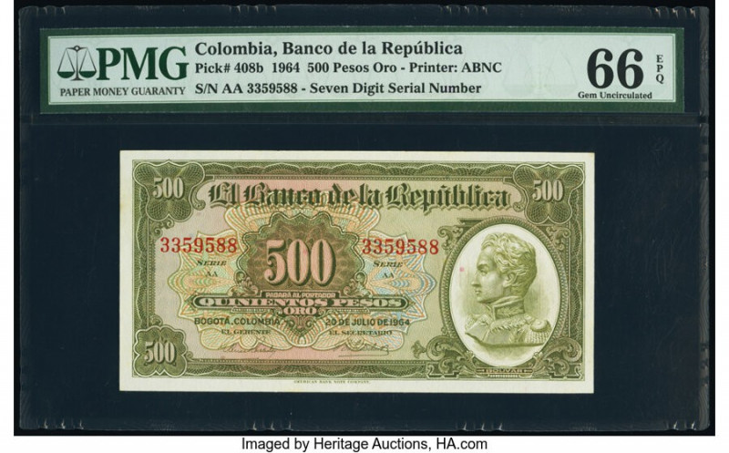 Colombia Banco de la Republica 500 Pesos Oro 20.7.1964 Pick 408b PMG Gem Uncircu...