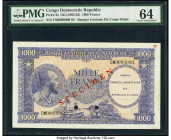 Congo Democratic Republic Conseil Monetaire de la Republique du Congo 1000 Francs ND (1962-63) Pick 2s Specimen PMG Choice Uncirculated 64. Red Specim...