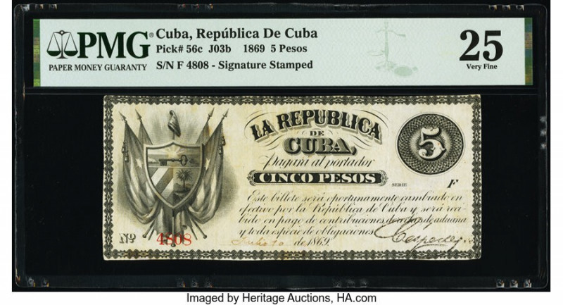 Cuba Republica de Cuba 5 Pesos 10.7.1869 Pick 56c PMG Very Fine 25. Minor repair...