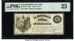 Cuba Republica de Cuba 5 Pesos 10.7.1869 Pick 56c PMG Very Fine 25. Minor repairs and faded seal. 

HID09801242017

© 2020 Heritage Auctions | All Rig...