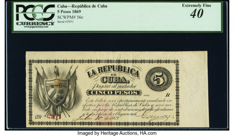 Cuba Republica de Cuba 5 Pesos 10.7.1869 Pick 56c PCGS Extremely Fine 40. Light ...