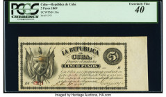 Cuba Republica de Cuba 5 Pesos 10.7.1869 Pick 56c PCGS Extremely Fine 40. Light stains. 

HID09801242017

© 2020 Heritage Auctions | All Rights Reserv...