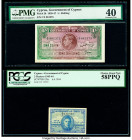 Cyprus Central Bank of Cyprus 1 Shilling; 3 Piastres 30.8.1941; 6.4.1944 Pick 20; 28a Two Examples PMG Extremely Fine 40; PCGS Choice About New 58PPQ....