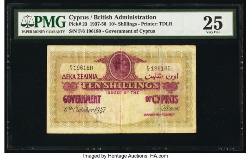 Cyprus Central Bank of Cyprus 10 Shillings 6.10.1947 Pick 23 PMG Very Fine 25. 
...