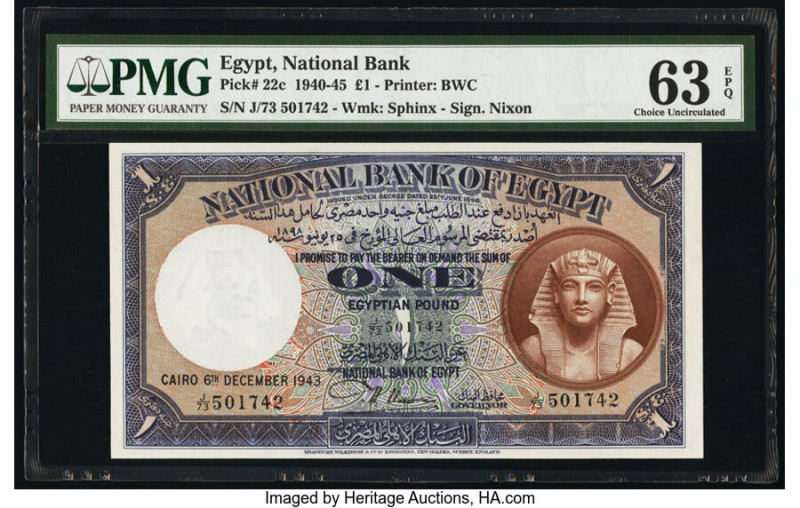 Egypt National Bank of Egypt 1 Pound 6.12.1943 Pick 22c PMG Choice Uncirculated ...