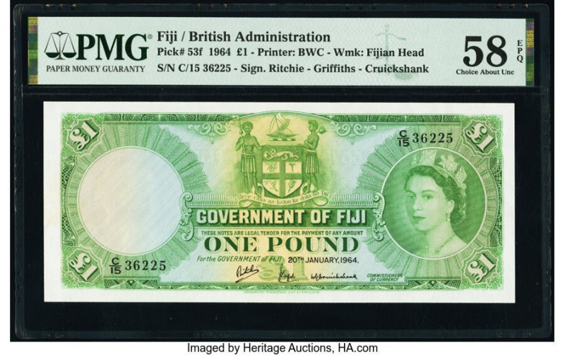 Fiji Government of Fiji 1 Pound 20.1.1964 Pick 53f PMG Choice About Unc 58 EPQ. ...
