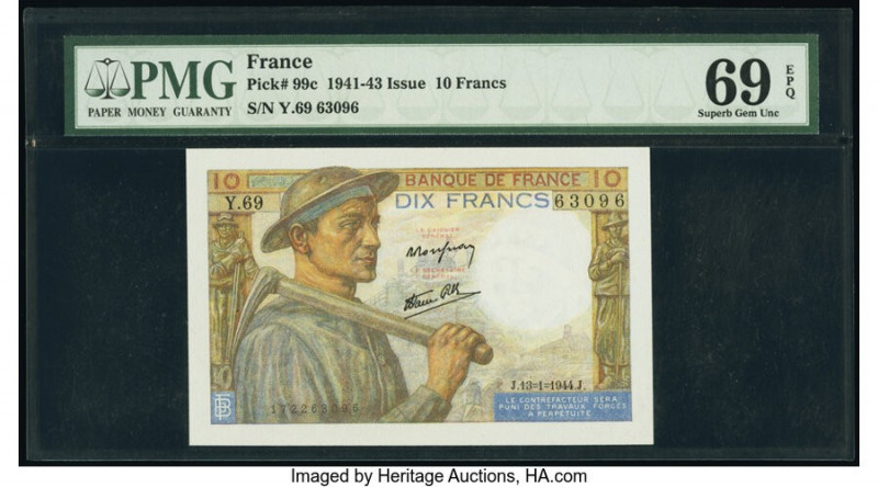 France Banque de France 10 Francs 13.1.1944 Pick 99c PMG Superb Gem Uncirculated...