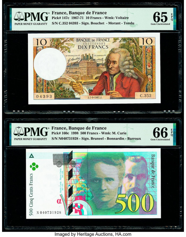 France Banque de France 10; 500 Francs 7.9.1967; 1998 Pick 147c; 160c Two Exampl...