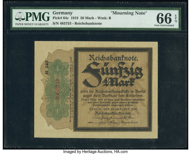 Germany Imperial Bank Note 50 Mark 1918 Pick 64c PMG Gem Uncirculated 66 EPQ. 

...