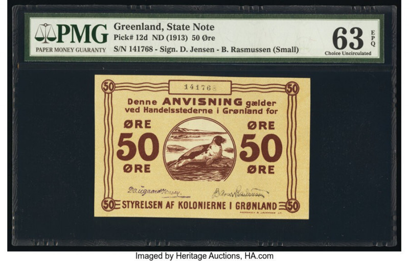 Greenland State Note 50 Ore ND (1913) Pick 12d PMG Choice Uncirculated 63 EPQ. 
...