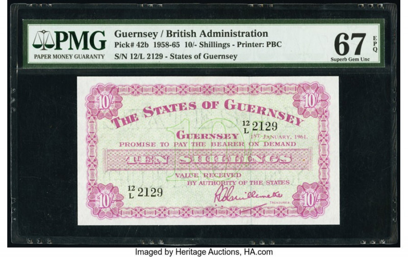 Guernsey States of Guernsey 10 Shillings 1.1.1961 Pick 42b PMG Superb Gem Unc 67...