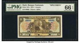 Haiti Banque Nationale de la Republique d'Haiti 1 Gourde 1919 (ND 1935-42) Pick 167s Specimen PMG Gem Uncirculated 66 EPQ. Specimen overprints and thr...