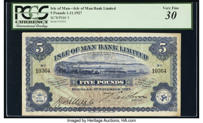 Isle Of Man Isle of Man Bank Limited 5 Pounds 1.11.1927 Pick 5 PCGS Very Fine 30...