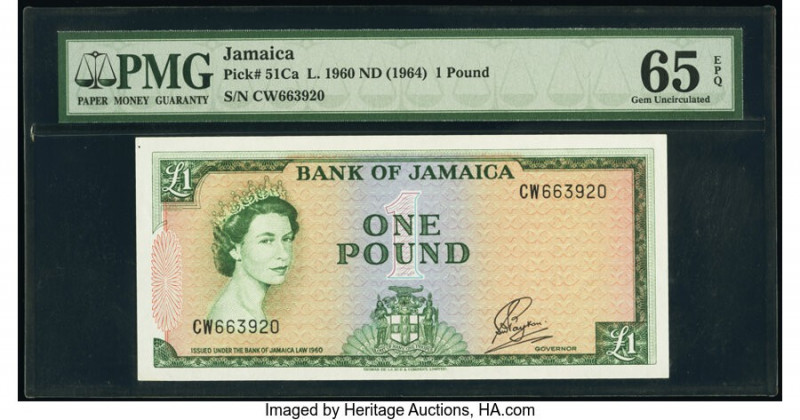 Jamaica Bank of Jamaica 1 Pound 1960 (ND 1964) Pick 51Cb PMG Gem Uncirculated 65...