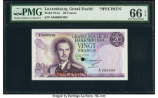 Luxembourg Grand Duche de Luxembourg 20 Francs ND (1982) Pick 54As Specimen PMG Gem Uncirculated 66 EPQ. Red Specimen overprints and one POC.

HID0980...