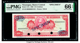 Nicaragua Banco Central 10 Cordobas 1968 Pick 117s Specimen PMG Gem Uncirculated 66 EPQ. Cancelled with 3 punch holes and printer's annotation.

HID09...