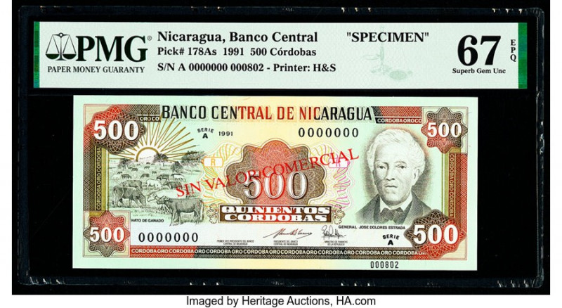 Nicaragua Banco Central 500 Cordobas 1991 Pick 178As Specimen PMG Superb Gem Unc...